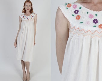 Off White Gauze Mexican Tank Dress Thin Sheer Sleeveless Cotton Sundress Embroidered Summer Beach Cover Up