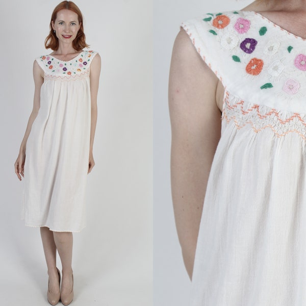 Off White Gauze Mexican Tank Dress Thin Sheer Sleeveless Cotton Sundress Embroidered Summer Beach Cover Up