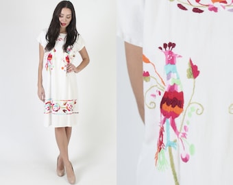 Made In Mexico Embroidered Birds Dress / White Cotton Mexican Cover Up / Floral Beachwear Vacation Shift Mini