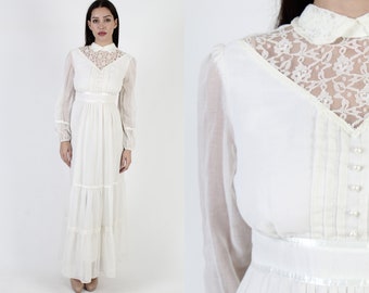 70s Country Cottage Dress, 1970's Formal Prairie Wedding Gown, Vintage Bridal Maxi