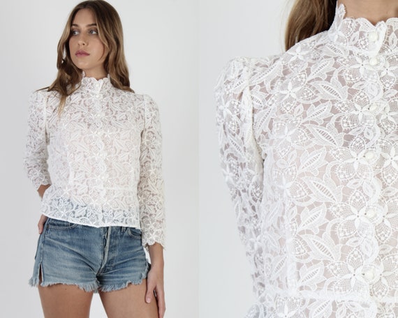 White Lace Victorian Blouse / Vintage 70s Sheer Pe