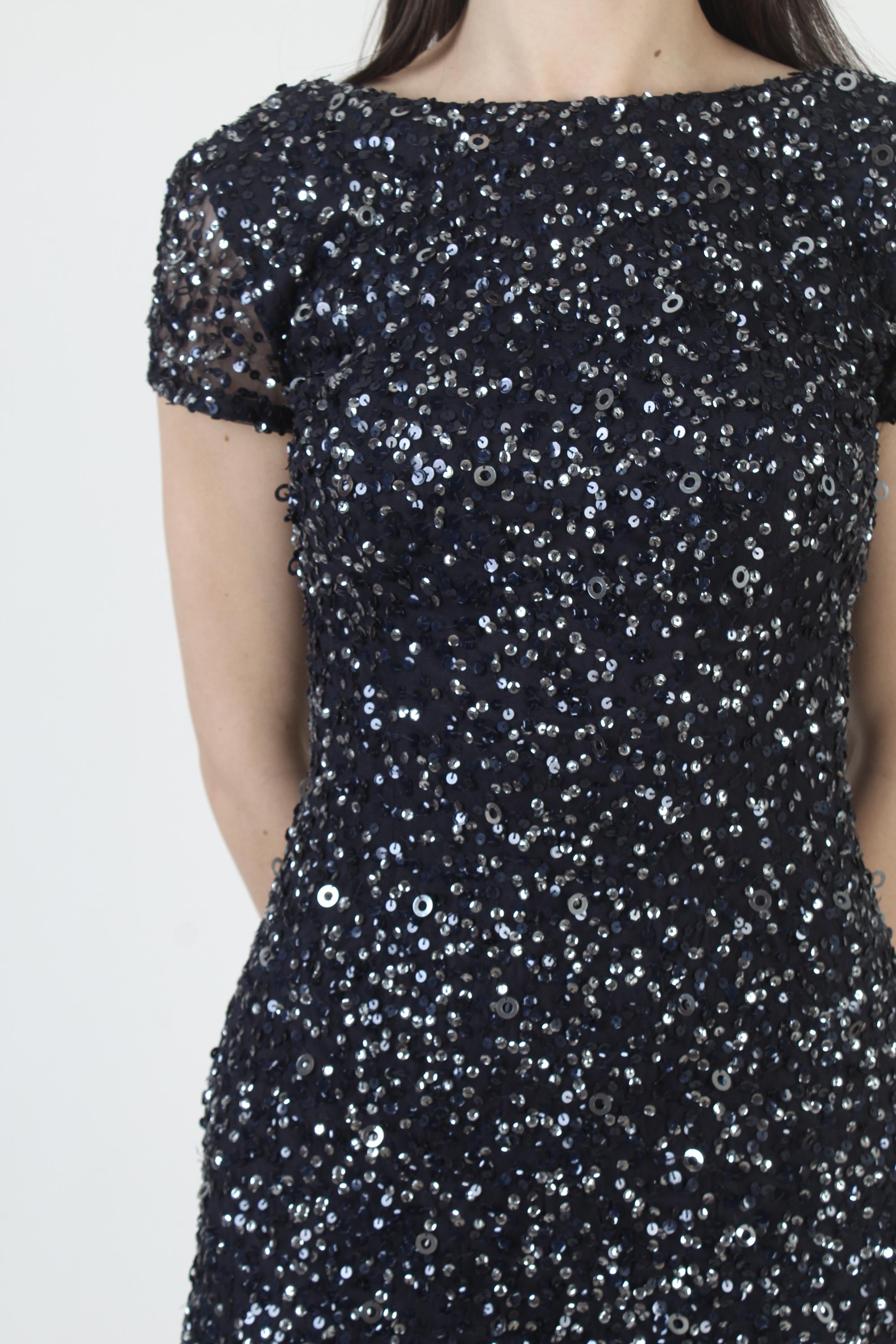 adrianna papell navy sequin dress Y2K Navy Blue Sequin Gown: Adrianna Papell High Low Maxi Dress