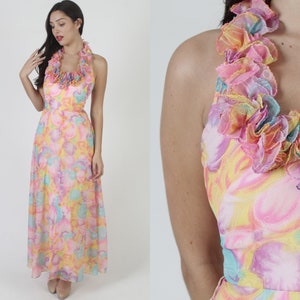 Colorful 70s Rainbow Chiffon Maxi Gown, Vintage Neon Halter Top Dress, Open Back Cocktail Party Outfit