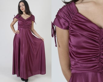 Plum Color Grecian Goddess Maxi Dress, Vintage 70s Long Shoulder Tie Toga Party Gown