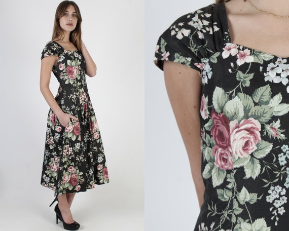 80s Lanz Designer Dress / Black Cotton Garden Flor