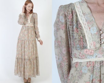 Romantic Bohemian Wedding Dress 70s Prairie Smocked Bodice Vintage Cottagecore Festival Maxi Gown