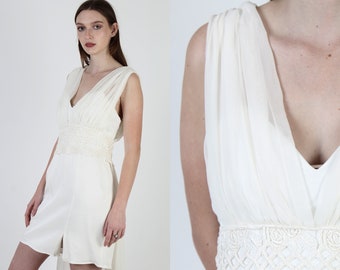 Vintage 80s Grecian Chiffon Dress / Off White Long Wedding Train / Plain Floral Lace Cocktail Sheer Mini Dress