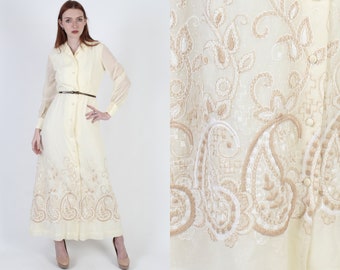 70s Paisley Embroidered Long Dress, Ivory Polka Dot Bridal Day Outfit, Button Up Party Lounge Maxi