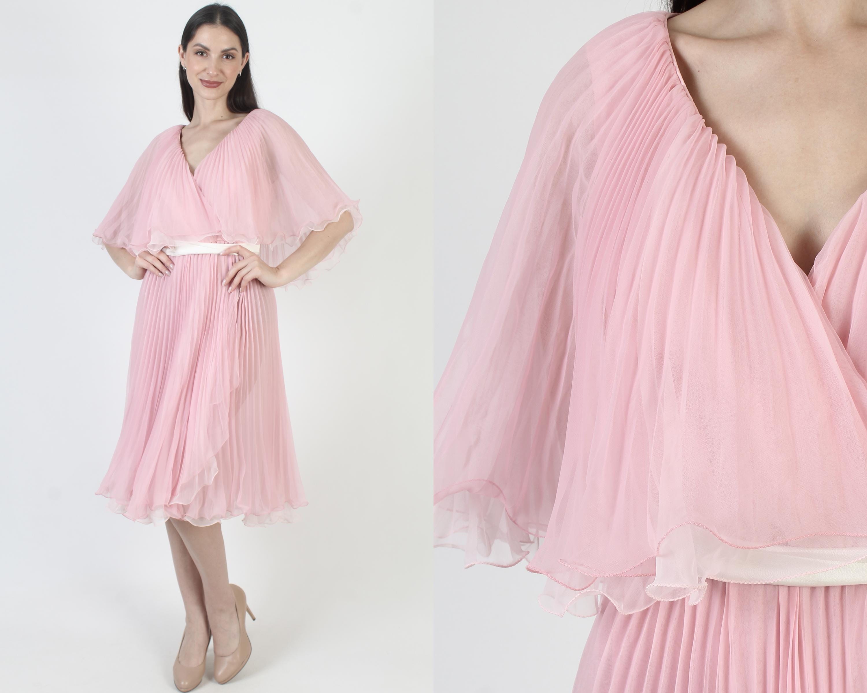 Pink Chiffon Dress, Pleated Barbiecore Mini, Low Cut Wrap, Vintage