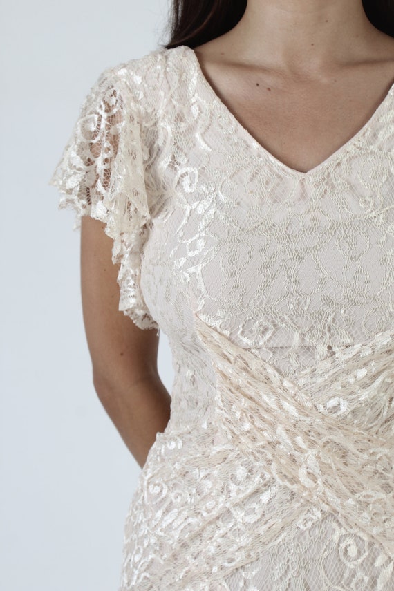 80s Deco Wedding Dress / Sheer Ivory Wrap Bodice … - image 6