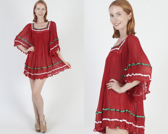 Red Mexican Gauze Micro Mini Dress Lightweight Thin Kimono Bell Sleeves Vintage Crochet Lace Angel Top Etsy Canada