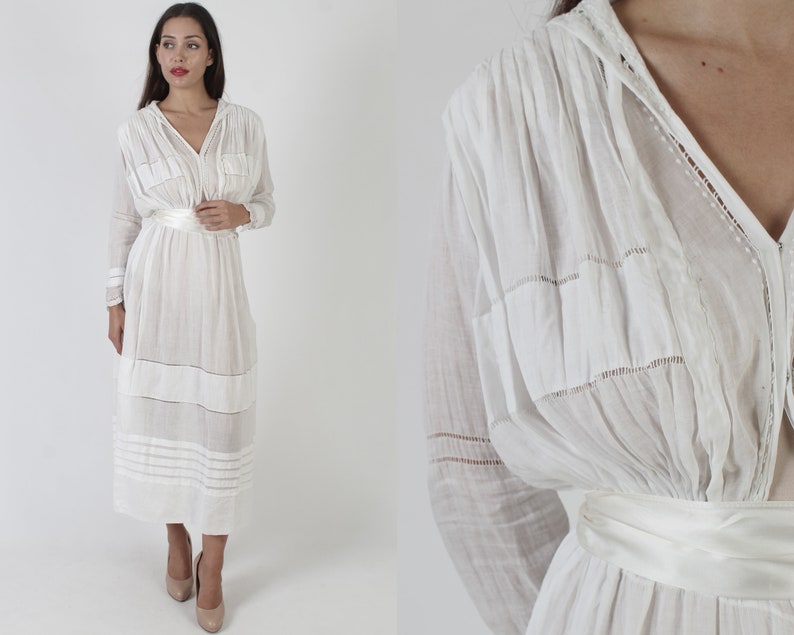 1900s Era White Edwardian Dress / 1920s Lace Delicate Victorian Inspired Gown / Vintage 20s Plain Eyelet Antique Sundress image 1