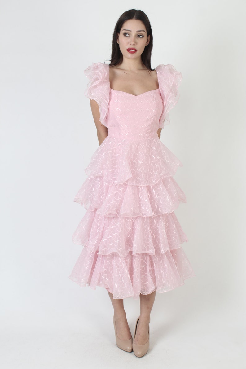 Cotton Candy Pink geschichtetes Abschlussballkleid, Vintage Avantgarde Abendkleid, 70er Jahre Schule Tanz Outfit Bild 5