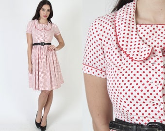 Mid Century White Polka Dot Dress / Red Spotted Full Skirt Frock / Vintage 50s Pin Up Bombshell Mini