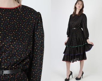 Vintage 80s Confetti Polka Dot Dress / Sheer Black Smocked Waist / Colorful Ruffle Tiered Midi Mini Dress