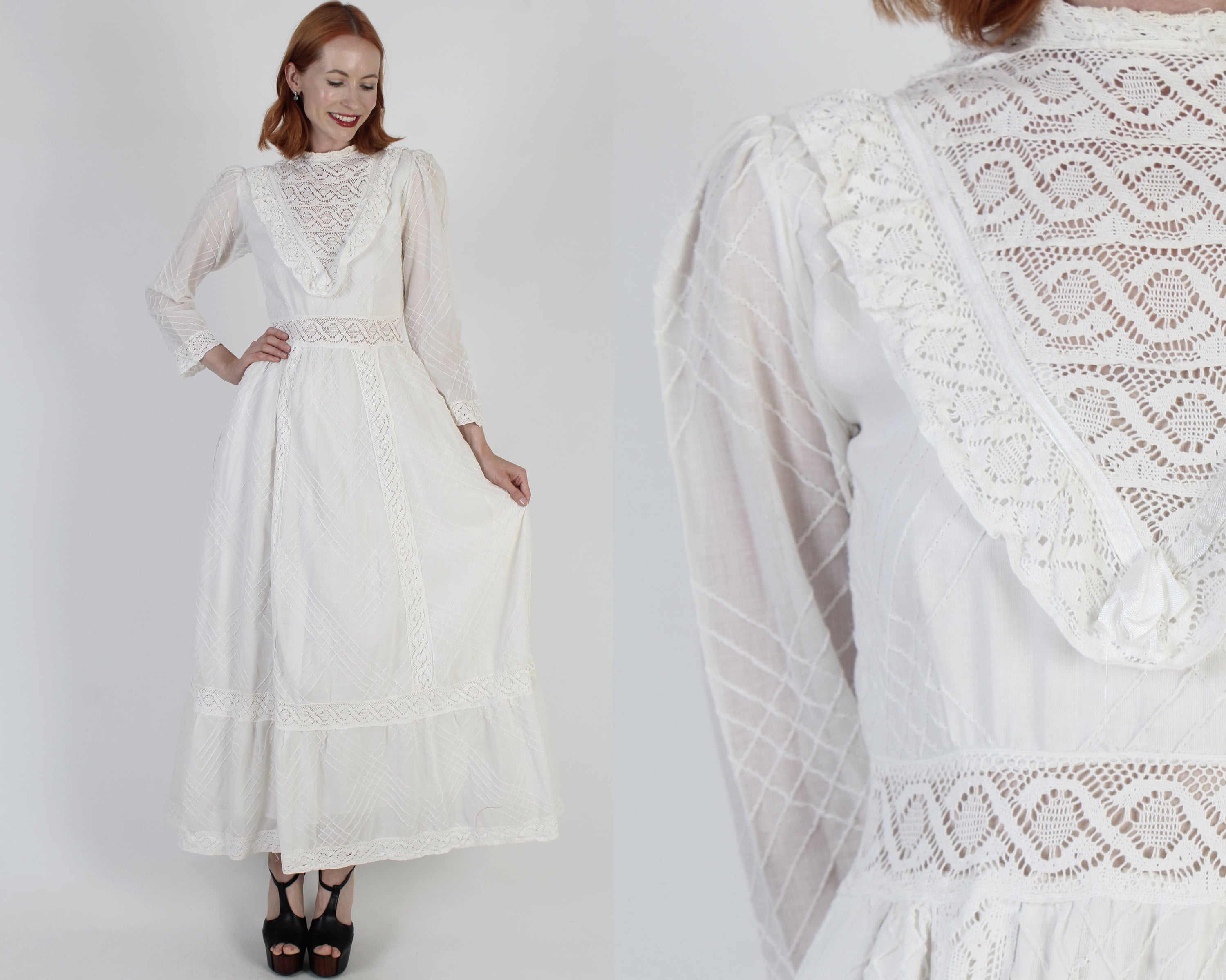 White 70s Cotton Mexican Wedding Dress Tuxedo Ruffle Lace White 70s Cotton Mexican Wedding Dress Tuxedo Ruffle Lace