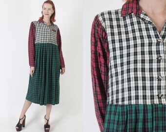 Colorblock Plaid India Dress, 80s Button Up Grunge Outfit, Loose Bitting Baggy Flannel Style, Vintage Patchwork Festival Frock