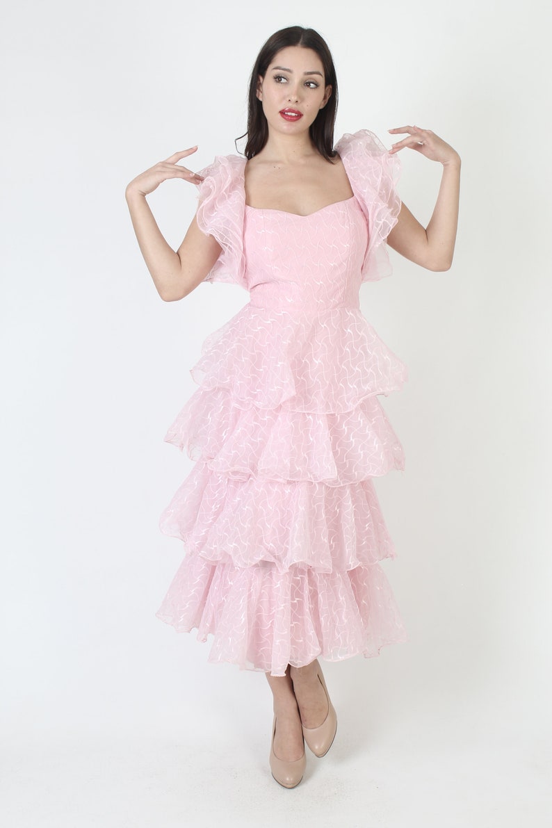 Cotton Candy Pink geschichtetes Abschlussballkleid, Vintage Avantgarde Abendkleid, 70er Jahre Schule Tanz Outfit Bild 4