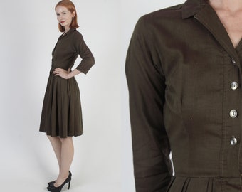 Mid Century Button Up Rockabilly Dress Vintage 50s MCM Atomic Shirtdress Cotton Minimalist Style Retro Frock
