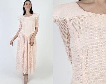 Bridesmaids Sheer Crochet Lace Dress Floral Deco Linen Collar Simple Wedding Prairie Net Dress