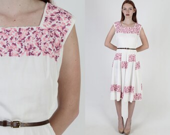 1950's Floral Embroidered Sun Dress / Pink Patchwork Cotton Garden Dress / Womens Bridal Party Mini Dress