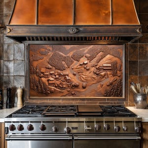 Copper Village, dosseret de cuisine pour cuisinière, façade arrière de cuisinière, crédence en verre, couvercle supérieur de cuisinière, dosseret en carrelage, décoration de cuisine, planche à découper