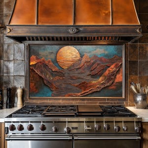 Dosseret de cuisine Copper Mountain et Moon pour cuisinière, façade arrière de cuisinière, crédence en verre, couvercle supérieur de cuisinière, dosseret en carrelage, décoration de cuisine
