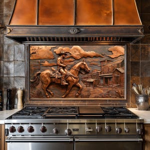 Dosseret de cuisine de cow-boy aspect cuivre, panneau de dosseret de cuisine trempé, couvercle arrière de poêle pour derrière la cuisinière, dosserets, crédence, cuisine