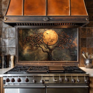 Verre trempé, cuivre, arbre de vie, dosseret de lune de poêle, façade arrière de poêle, décoration de cuisine, couvercle supérieur de poêle, carreau de dosseret de cuisine, crédence