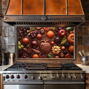 Fruits en cuivre, dosseret de cuisine en verre derrière la cuisinière, dosseret de poêle pour crédence de cuisine pour couvercle de cuisinière, dosserets, crédence