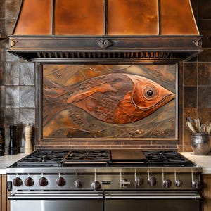 Dosseret de cuisine en verre de poisson cuivré derrière la cuisinière, crédence de poêle pour crédence de cuisine pour couvercle de cuisinière, dosserets, crédence