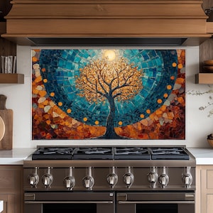 Panneau de dosseret de cuisine Tree of Life,couvercle arrière de la cuisinière,couvercle supérieur en verre pour crédence de cuisinière,planche à découper et plan de travail,dosseret carreau