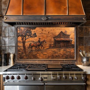 Dosseret pour cuisinière en cuivre Cowboy Village, façade arrière de poêle, crédence en verre, couvercle supérieur de cuisinière, dosseret en carrelage, décoration de cuisine, planche à découper