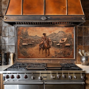 Dosseret pour cuisinière en cuivre Cowboy Village, façade arrière de poêle, crédence en verre, couvercle supérieur de cuisinière, dosseret en carrelage, décoration de cuisine, planche à découper