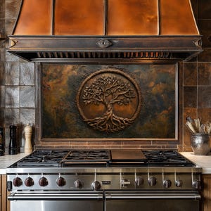 Carrelage pour dosseret de poêle en verre trempé, cuivre, arbre de vie, Cache arrière de poêle, Décoration de cuisine, Cache supérieur de poêle, Carrelage pour dosseret de cuisine, Crédence