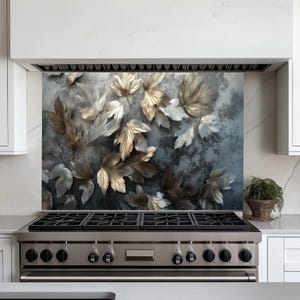 Silver Leaf Backsplash Panel,Tempered Glass Stove Back Cover,Behind Stove,Kitchen for Splashback Tile,Backsplash Mural,Kitchen Decor