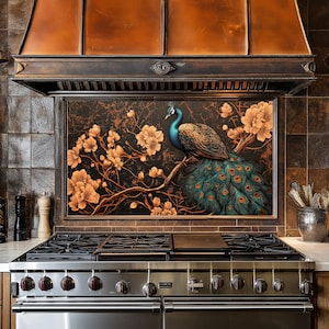 Dosseret de cuisine aspect cuivre fleurs de paon, panneau de dosseret de cuisine trempé, couvercle arrière de cuisinière pour derrière la cuisinière, dosserets, crédence