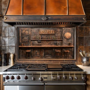 Dosseret de poêle en cuivre, Panneau de cuisine en verre trempé, Art mural de cabine rustique, Crédence résistante à la chaleur derrière la cuisinière, Couvercle supérieur de poêle