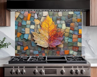 Gold Leaf Tree Branch Glass Backsplash – Tempered Glass Kitchen Backsplash Panel, Easy DIY Install, Heat & Scratch Resistant, Modern Stove Protector
