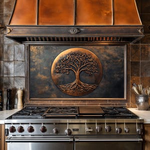 Arbre de vie en cuivre, dosseret pour cuisinière, façade arrière de cuisinière, crédence en verre, couvercle supérieur de cuisinière, dosseret en carrelage, décoration de cuisine, planche à découper