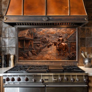 Dosseret pour cuisinière en cuivre Cowboy Village, façade arrière de poêle, crédence en verre, couvercle supérieur de cuisinière, dosseret en carrelage, décoration de cuisine, planche à découper