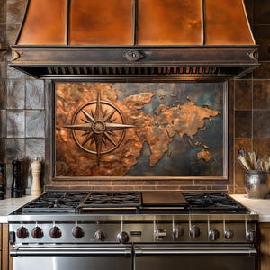 Dosseret de cuisine boussole en cuivre pour cuisinière, coque arrière de cuisinière, crédence en verre, couvercle supérieur de cuisinière, dosseret en carrelage, décoration de cuisine, planche à découper