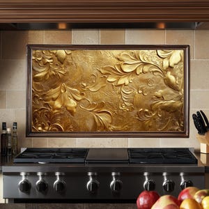 Dosseret en verre fleuri doré, façade arrière de poêle trempée, crédence de cuisine résistante à la chaleur, panneau mural baroque élégant