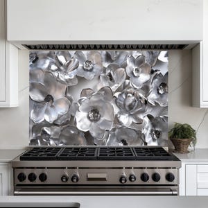 Silver Flowers Backsplash Panel,Tempered Glass Stove Back Cover,Behind Stove,Kitchen for Splashback Tile,Backsplash Mural,Kitchen Decor