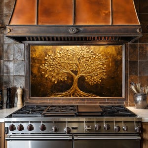 Dosseret de cuisine d'aspect cuivre Tree of Life doré, panneau de dosseret de cuisine trempé, couvercle arrière de poêle pour derrière la cuisinière, dosserets, crédence