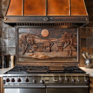 Copper Village, dosseret de cuisine pour cuisinière, façade arrière de cuisinière, crédence en verre, couvercle supérieur de cuisinière, dosseret en carrelage, décoration de cuisine, planche à découper