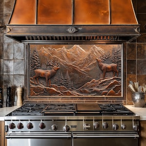 Dosseret de cuisine en verre Copper Mountain Deer derrière la cuisinière, dosseret de poêle pour crédence de cuisine pour couvercle de cuisinière, dosserets