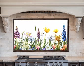 Spring Floral Glass Backsplash, Colorful Stove Panel, Tempered Glass Splashback, Kitchen Wall Art, Heat Resistant Flower Decor,Backsplashes