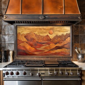 Dosseret de cuisine Copper Mountain et Moon pour cuisinière, façade arrière de cuisinière, crédence en verre, couvercle supérieur de cuisinière, dosseret en carrelage, décoration de cuisine