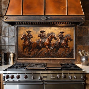 Cowboys, Dosseret de cuisine aspect cuivre, Panneau de dosseret de cuisine trempé, Cache arrière de cuisinière pour derrière la cuisinière, Dosserets, Crédence, Cuisine